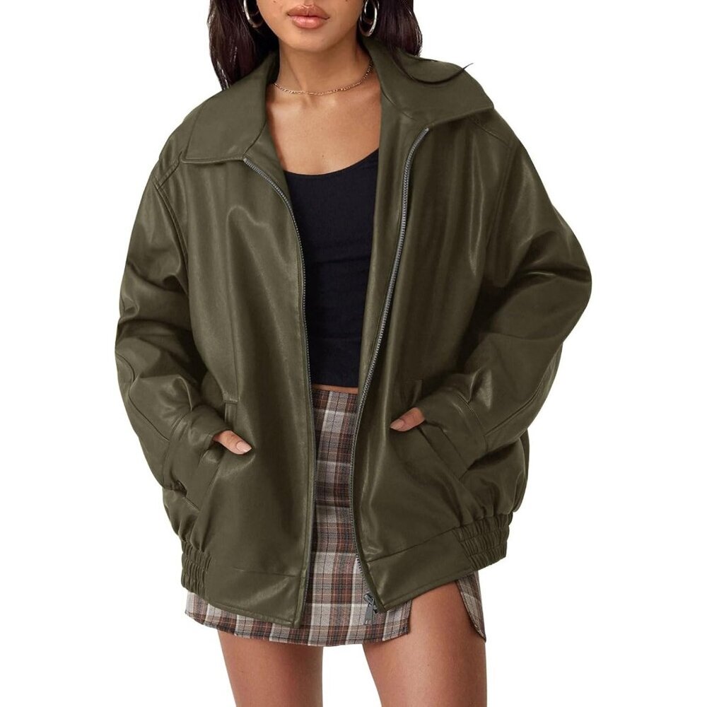 〽️Women's Army Green Faux Leather Jacket Motorcycle Style Coat Stand-up Collar